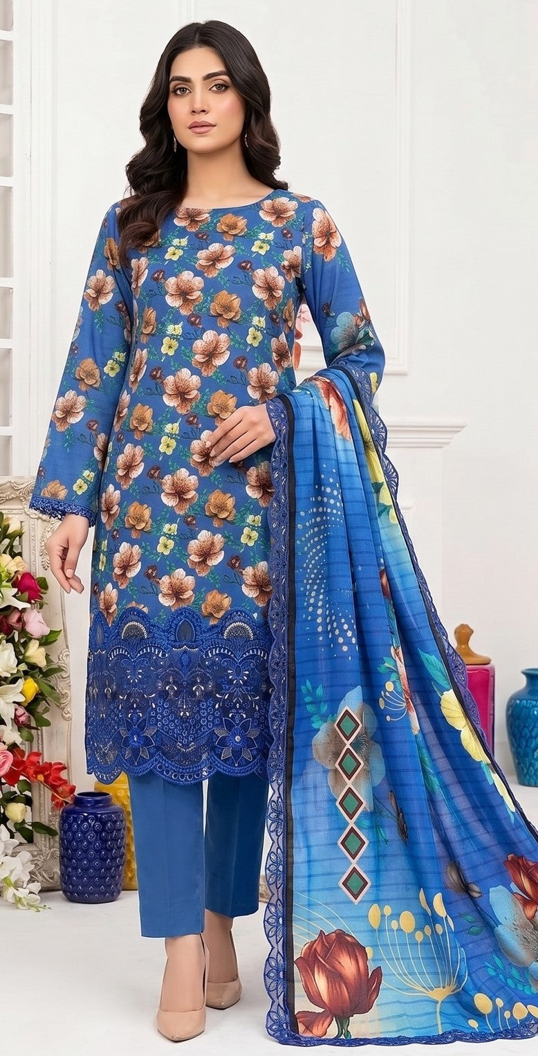 Royal Indigo – Digital Printed & Embroidered Luxury Unstitched 3-Piece Suite