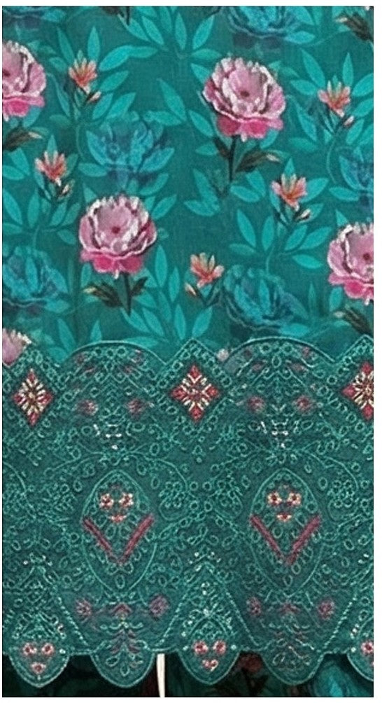 Teal Blossom – Lazer Boring Embroidered Luxury Unstitched 3-Piece Suite