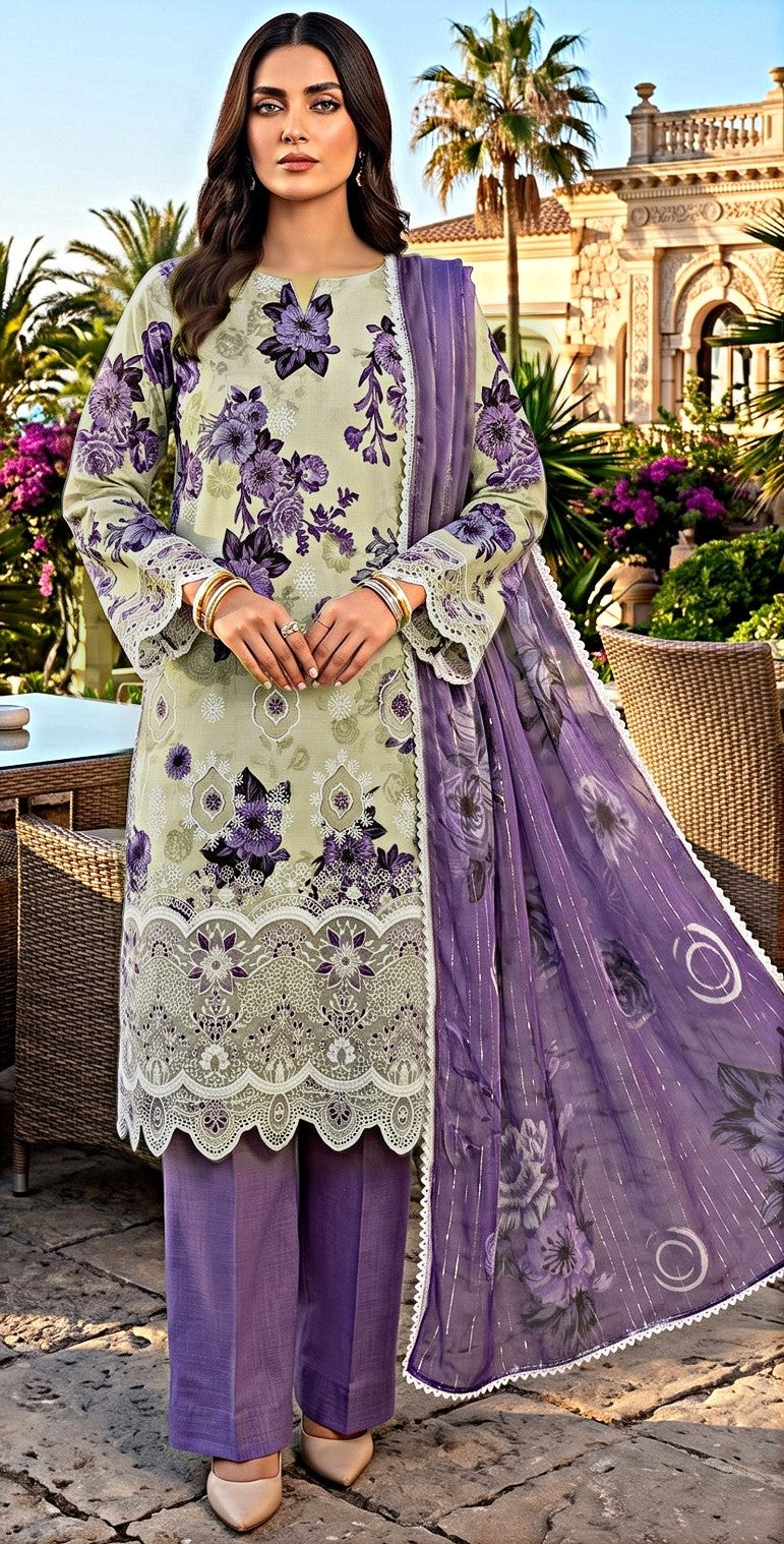 Lavender Mint – Boring Embroidered Unstitched 3-Piece Suite with Fancy Zarri Dupatta